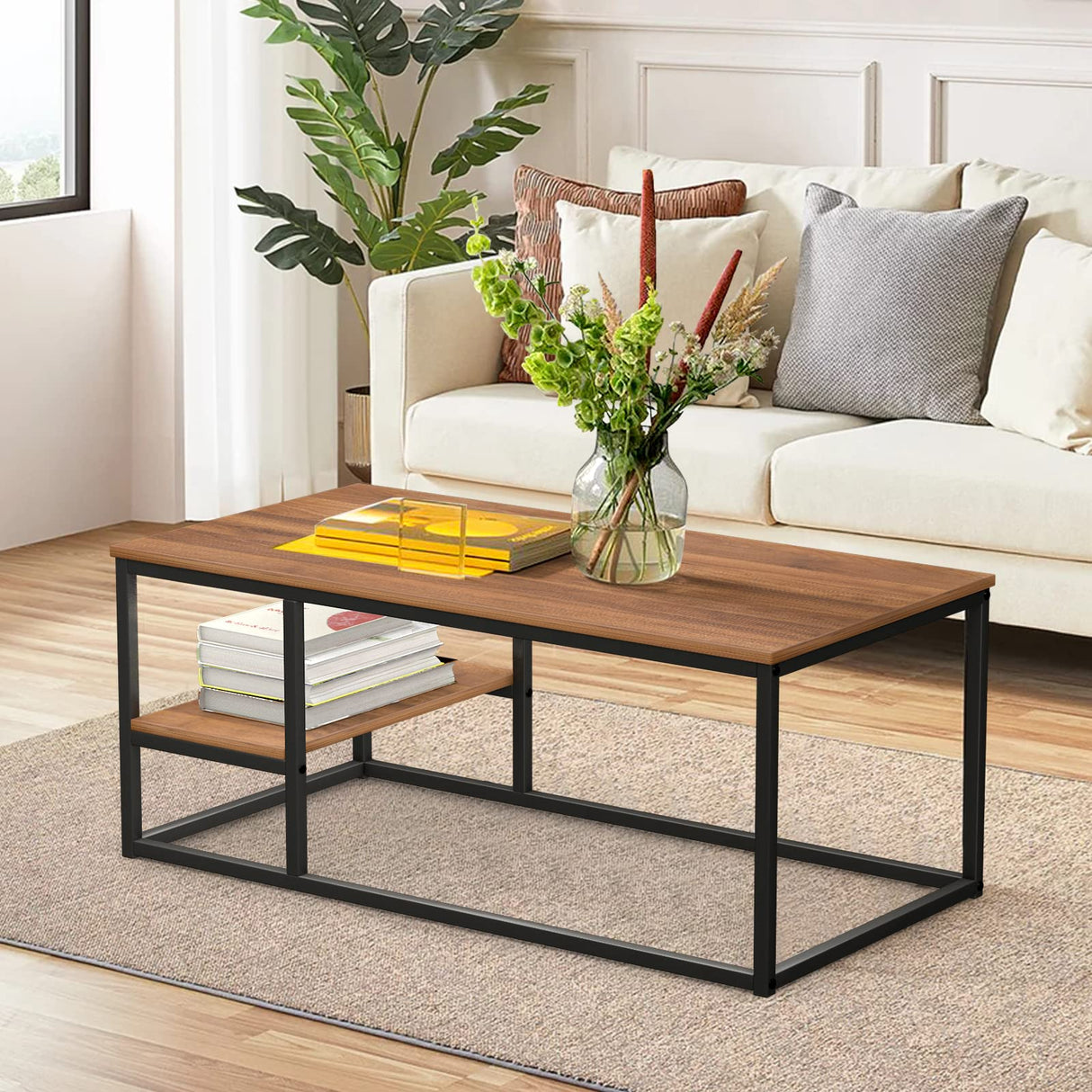 Coffee Table, Living Room Table, Coffee Table with Steel Frame and Shelves