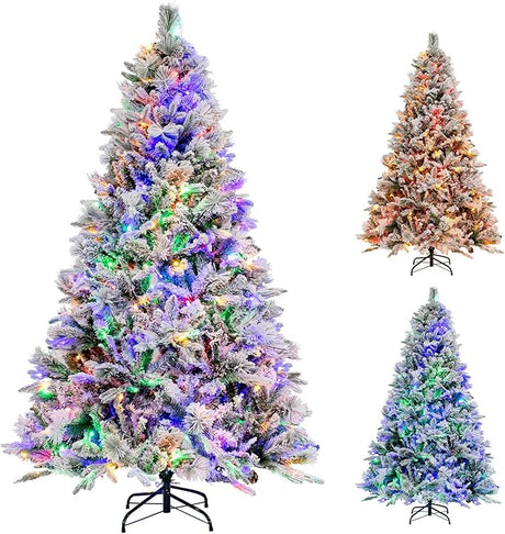 4.5ft Pre-Lit Snow Flocked Christmas Tree, Artificial Hinged Xmas Tree