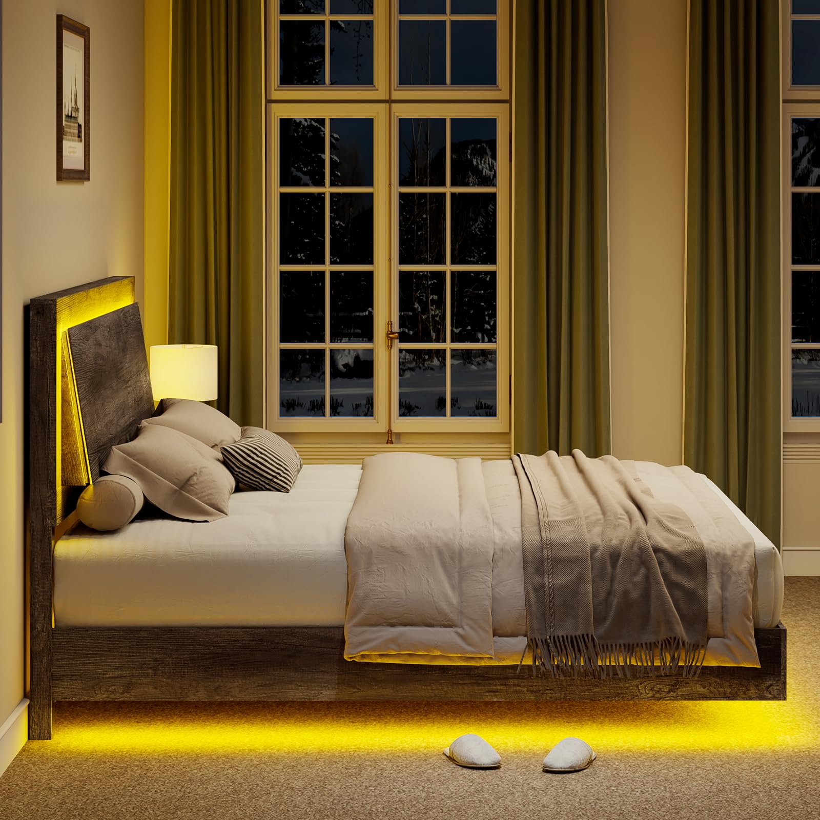 King Size Floating Platform Bed Frame with LED Light and Headboard