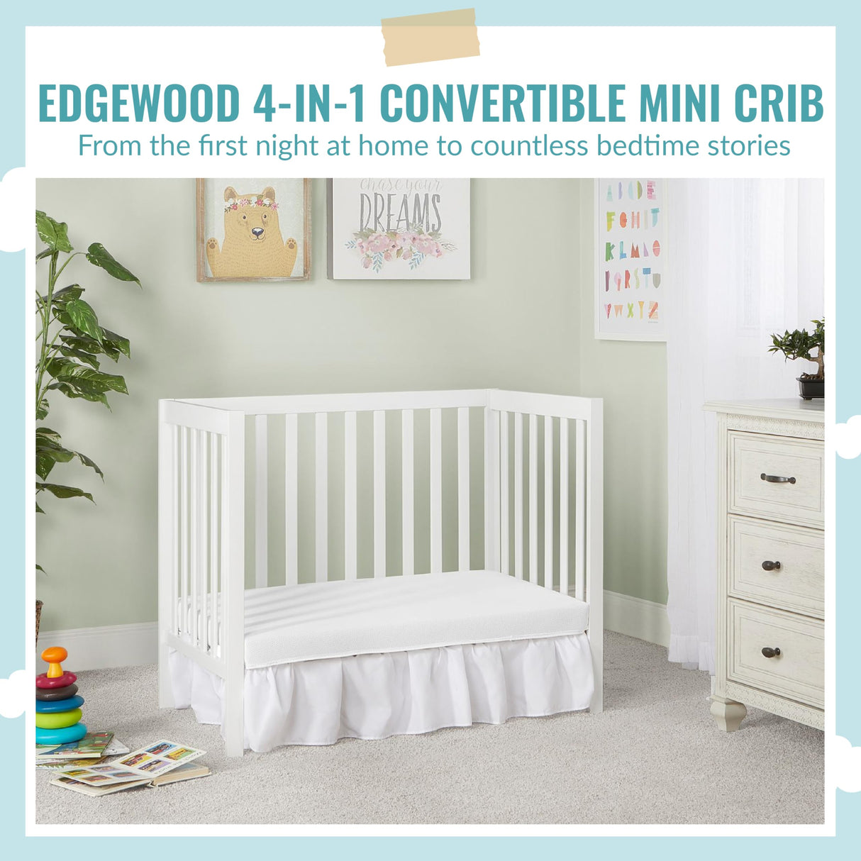 Edgewood 4-In-1 Convertible Mini Crib In White, JPMA Certified, Non-Toxic Finish,