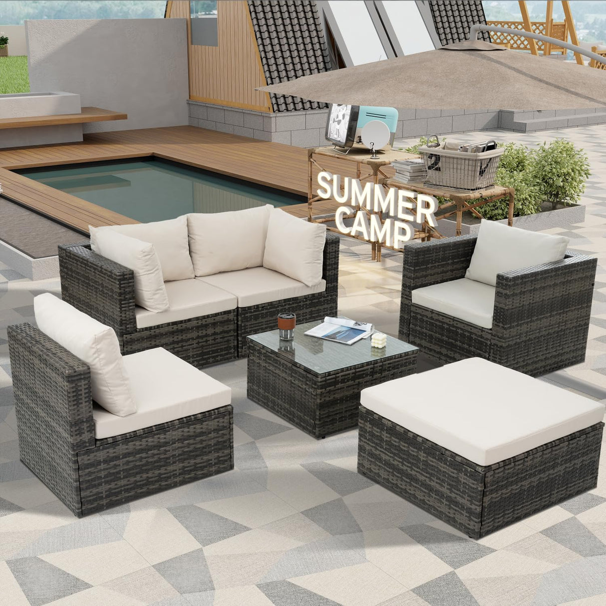 Patio Furniture Set: Outdoor Wicker Lounge Chairs - 6 Pieces with Tempered Glass Coffee