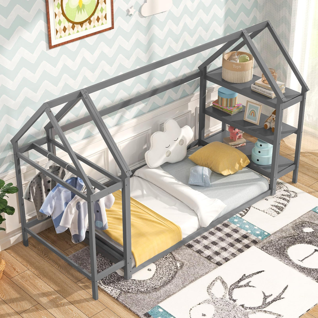 Twin Floor Bed, Wood Montessori Floor Bed with Detachable 3 Tier Storage Bookshelf & Clothes Rack