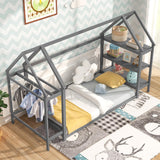 Twin Floor Bed, Wood Montessori Floor Bed with Detachable 3 Tier Storage Bookshelf & Clothes Rack