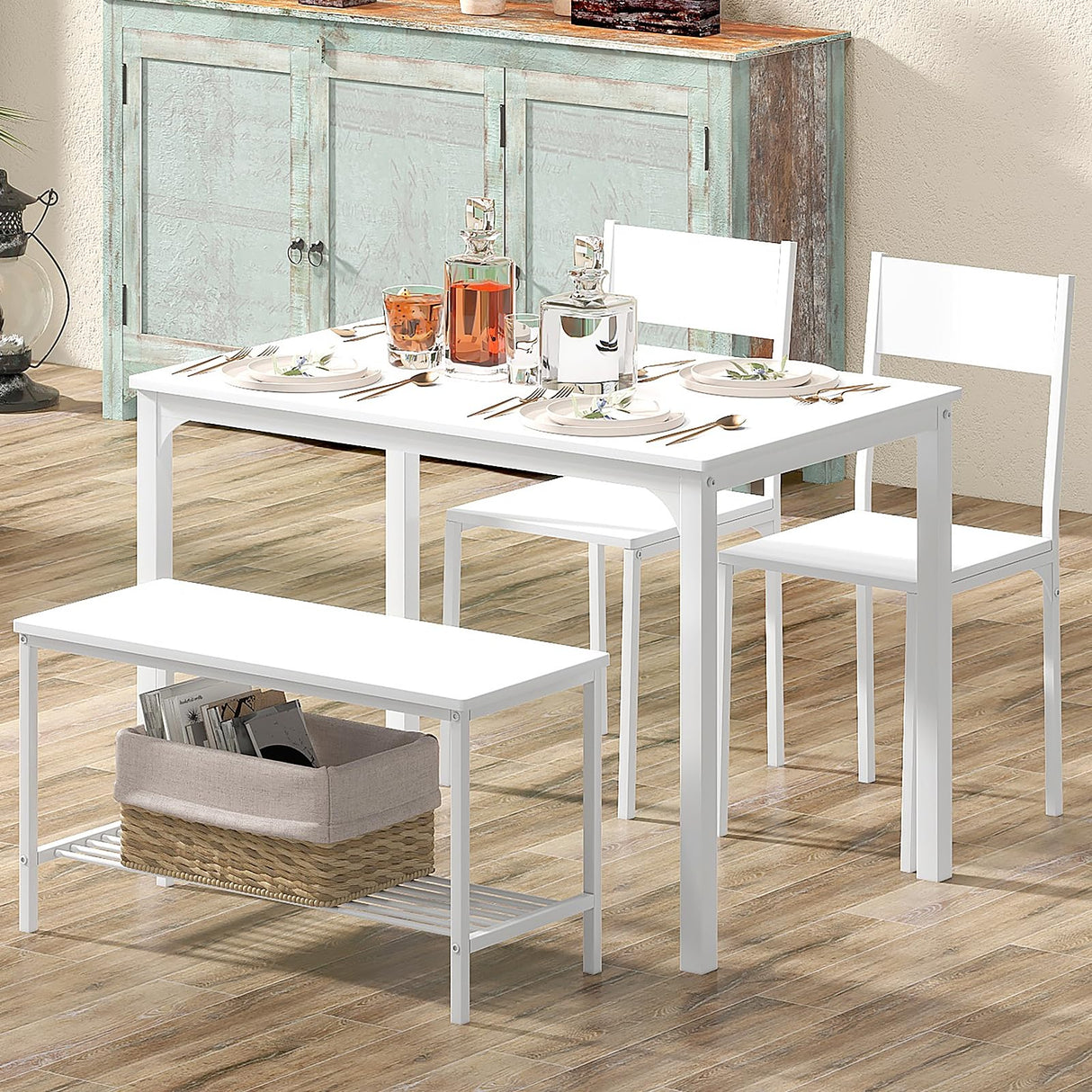 SogesHome Home Kitchen Table Set for 4, Compact Dining Table Chair Set, 4 Pieces Table Chair Bench Set for Small Place, Apartment, White