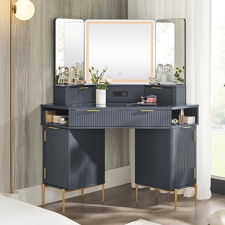 Corner Vanity Desk with Mirror and Lights, 48" Modern Fluted Makeup Vanity with Glass Top