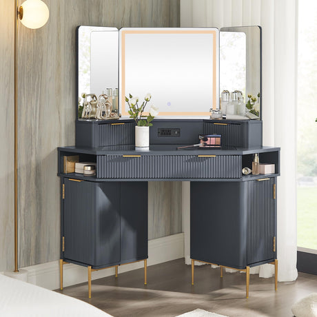 Corner Vanity Desk with Mirror and Lights, 48" Modern Fluted Makeup Vanity with Glass Top