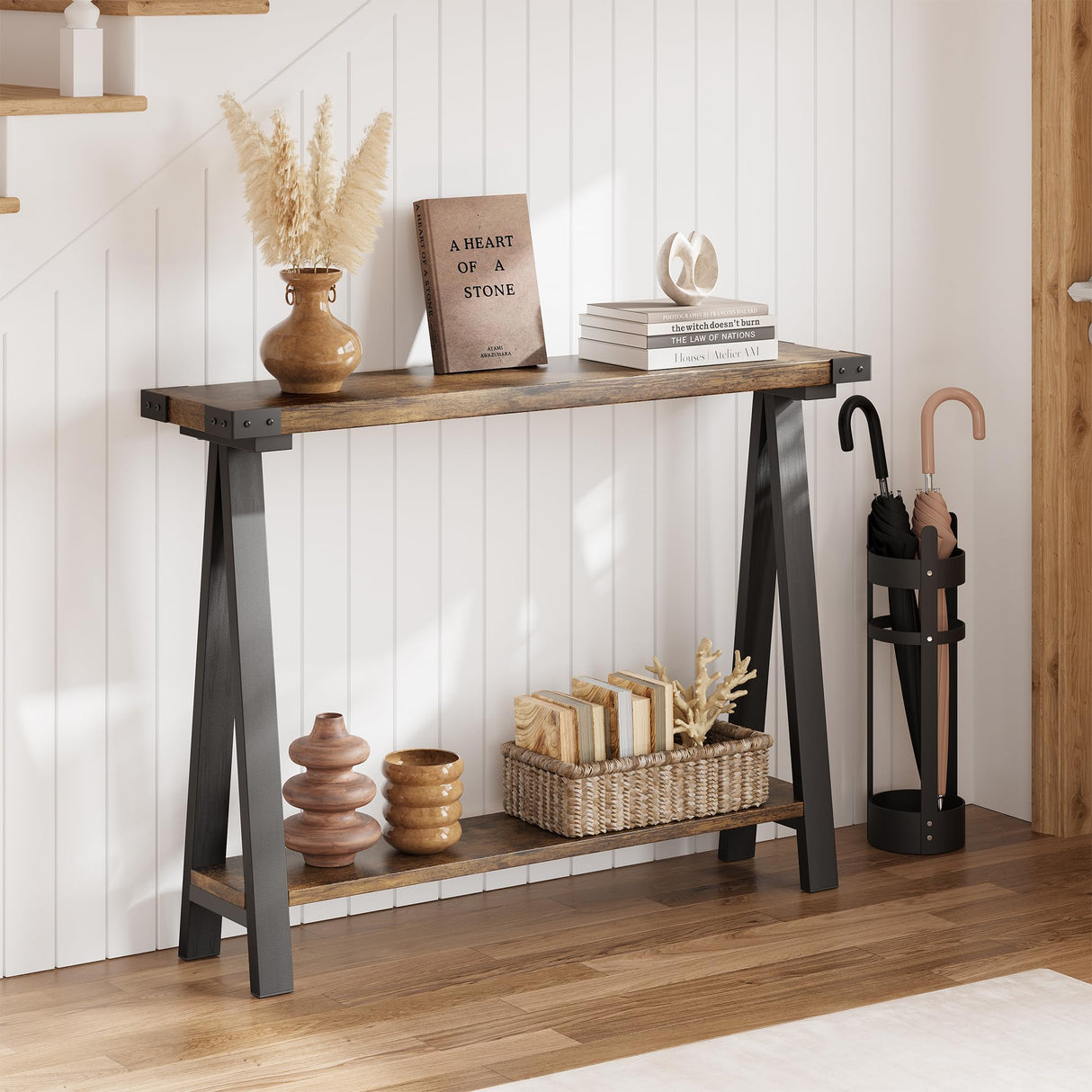 Farmhouse Console Table, 43.3" Entryway Table with Storage, 2 Tier Sofa Table