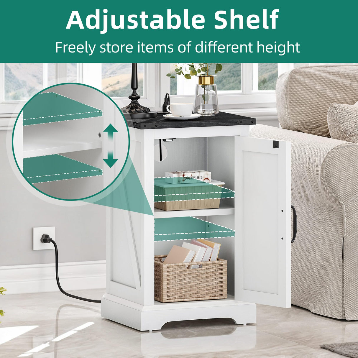 Farmhouse End Table Living Room, Side Table with Charging Station & Adjustable Storage