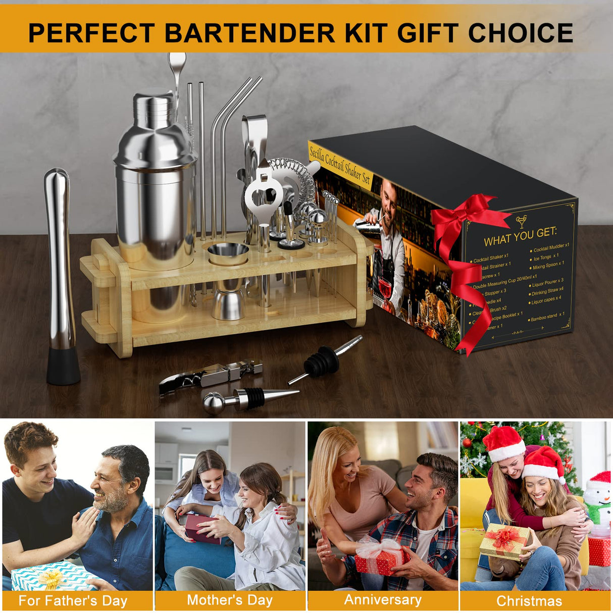 30pcs Mixology Bartender Kit with Stand, 25oz Bar Set Cocktail Shaker Set