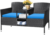Devoko Outdoor Patio Loveseat Modern Rattan 2-Seat Patio Conversation Set with Cushions & Built-in Coffee Table Porch Furniture for Garden Lawn Backyard (Grey)
