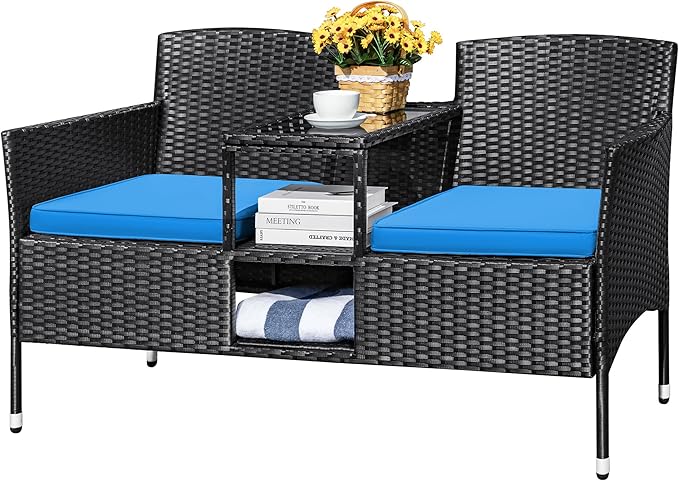 Devoko Outdoor Patio Loveseat Modern Rattan 2-Seat Patio Conversation Set with Cushions & Built-in Coffee Table Porch Furniture for Garden Lawn Backyard (Grey)