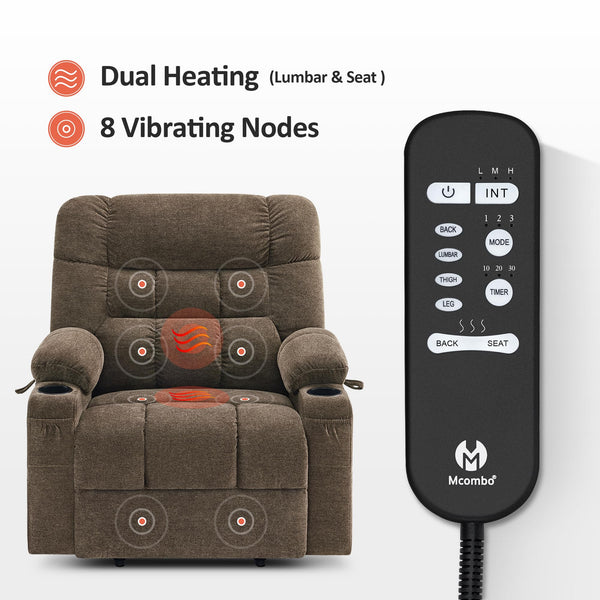 MCombo Dual Motor Power Lift Recliner Chair Sofa with Massage and Dual Heating for Elderly People, Infinite Position, USB&Type-C Ports, Fabric R7070 (Coffee, Medium-Wide)