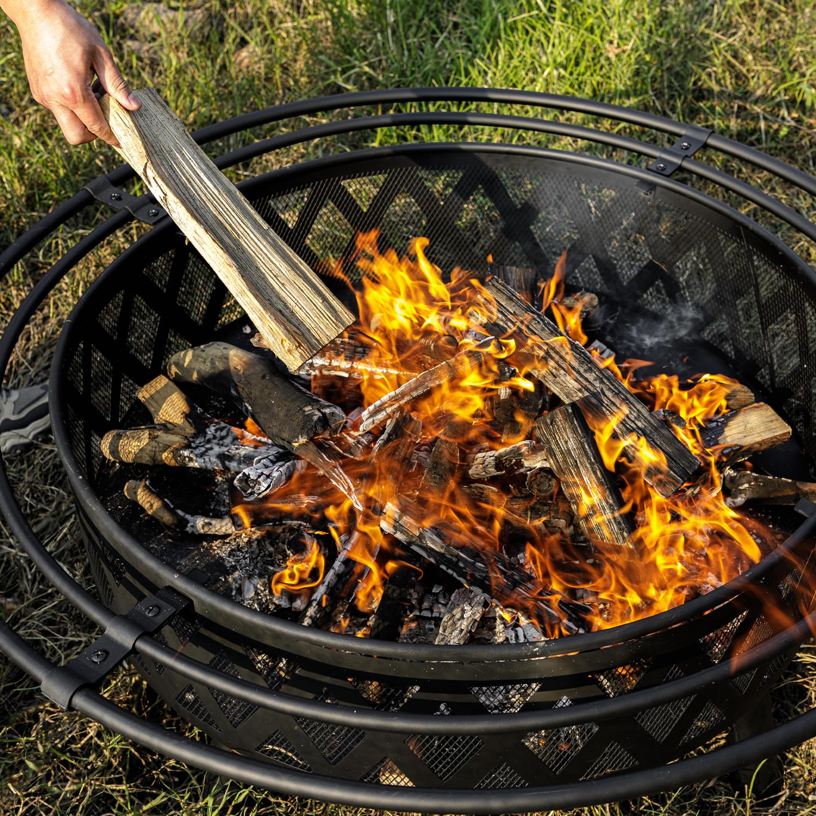 EcoNook 42 Inch Wood Burning Fire Pit with 2 Loops, Outdoor Fire Pit with Spark Screen & Fire Poker, Cross Weave Firepit for Outside Fireplace Bonfire for Yard,Patio, Garden - Bircata