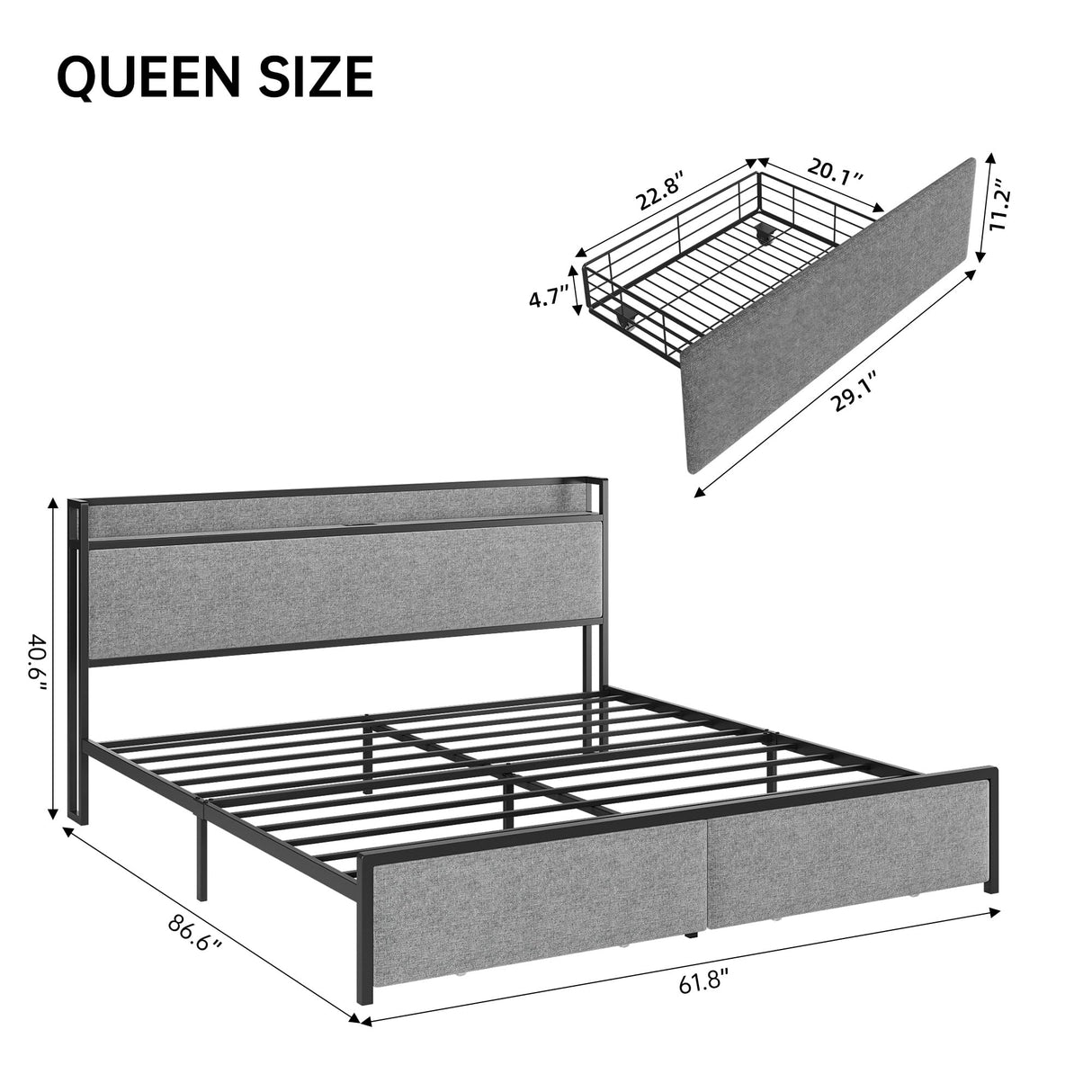 Queen Size Bed Frame with 2 Drawers and Shelf Headboard, Charging Station