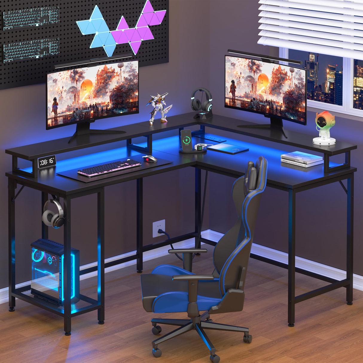 46" L Shaped Computer Desk with LED Lights & Monitor Stand, Reversible Gaming Desk