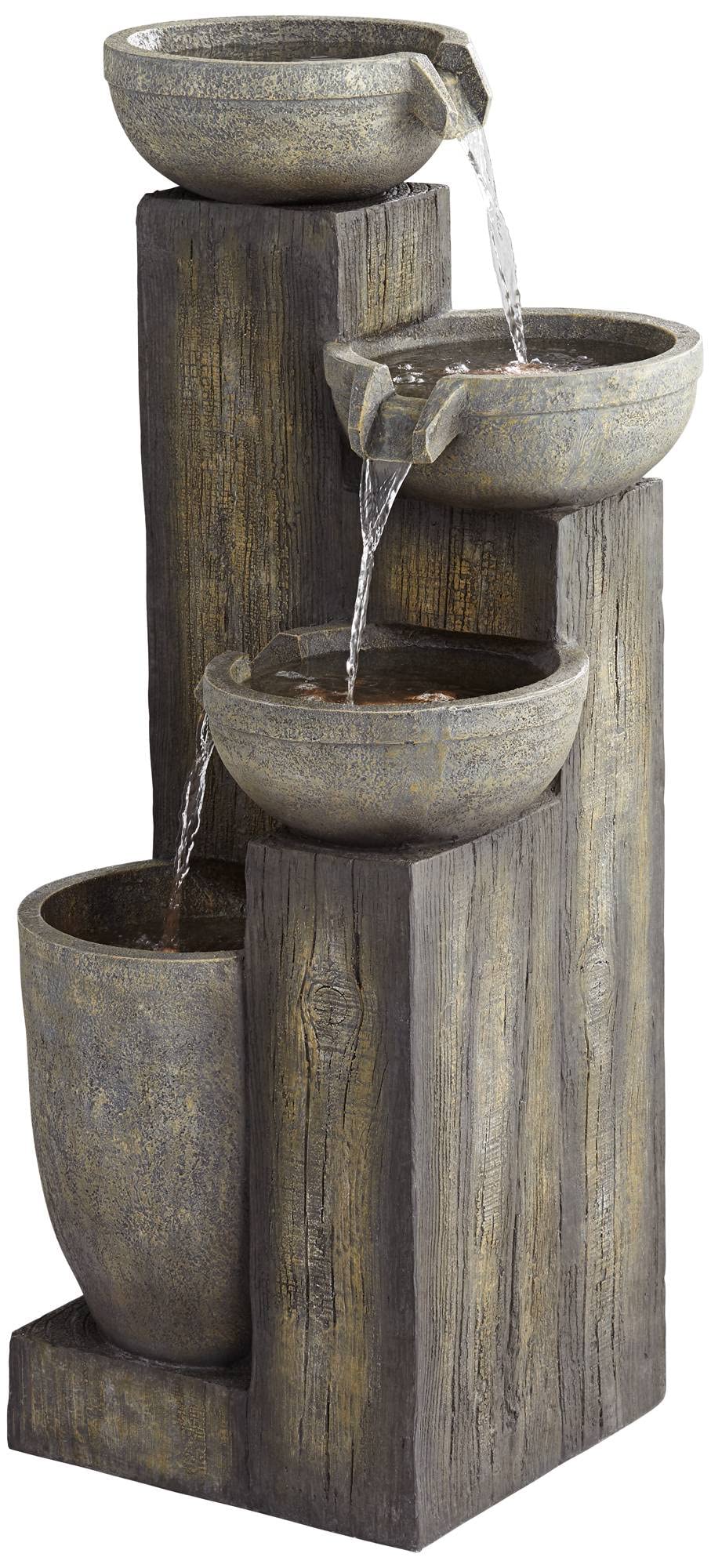 Four Tier Rustic Outdoor Floor Water Fountain 40 1/2" High with LED Light Cascading Bowls