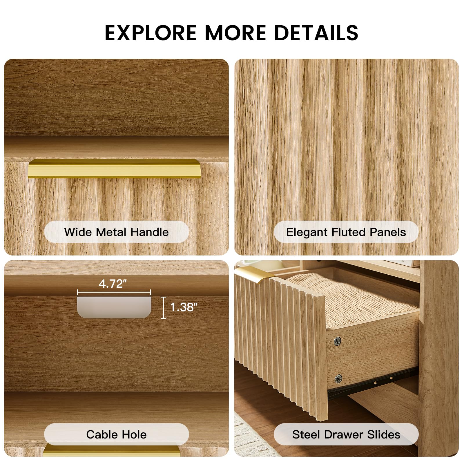 Fluted TV Stand for 50-65" TVs with Drawers and Open Shelf