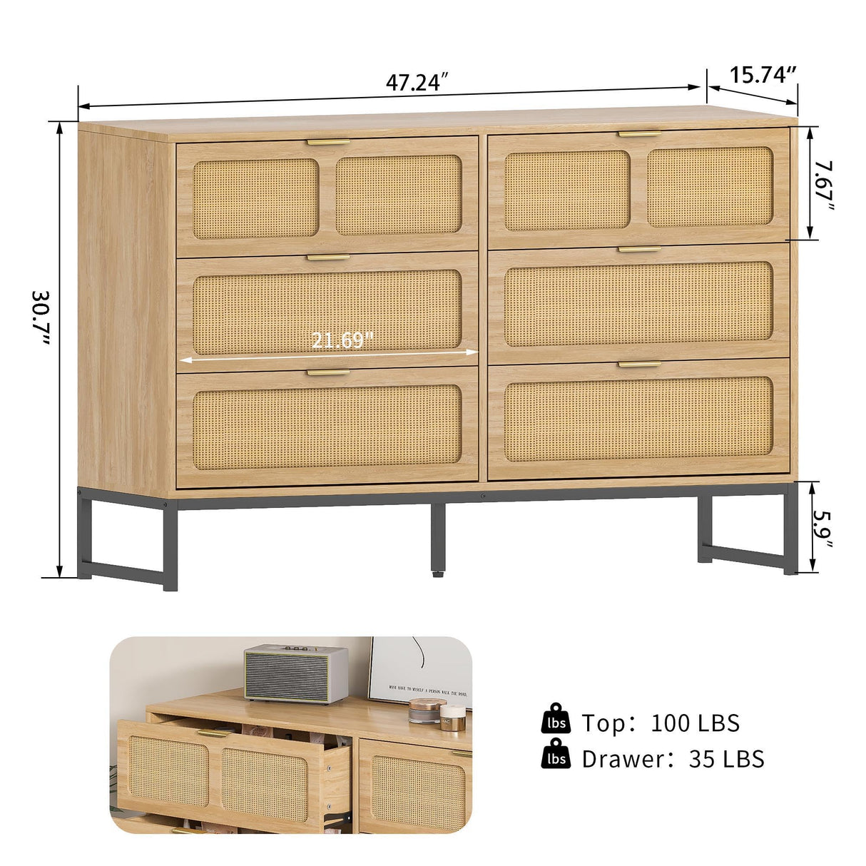 3 Piece Bedroom Set with 6 Drawer Dresser and Nightstand Sets Boho Bedroom Combo Furniture Matching Dresser and Nightstand Set of 2 Storage Cabinet Set for Bedroom