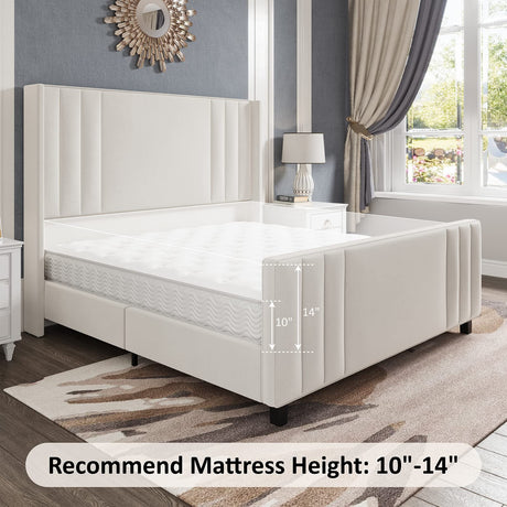 King Size Platform Bed Frame, Upholstered Bed with Vertical Channel Tufted Wingback Headboard & Footboard,