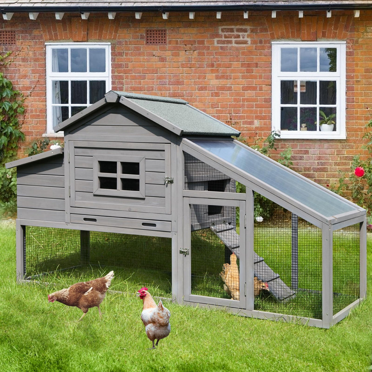 Chicken Coop Mobile Hen House Wooden with Run Poultry Cage with Nesting Box,Movable