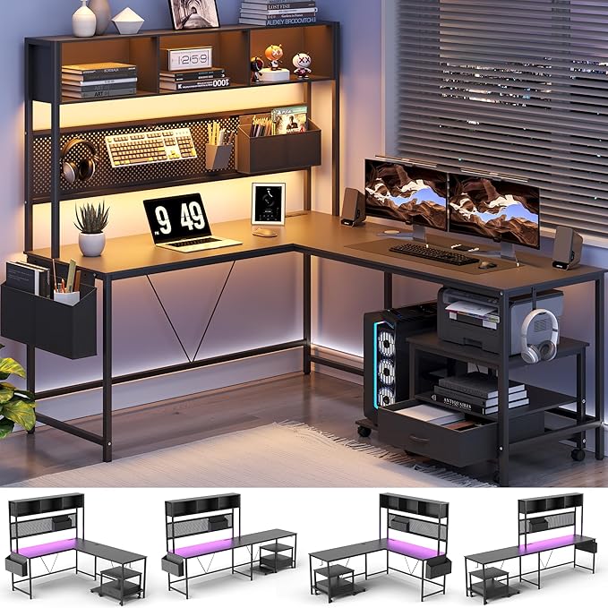 L Shaped Gaming Desk with Pegboard and Filing Cabinet, Reversible Computer Desk