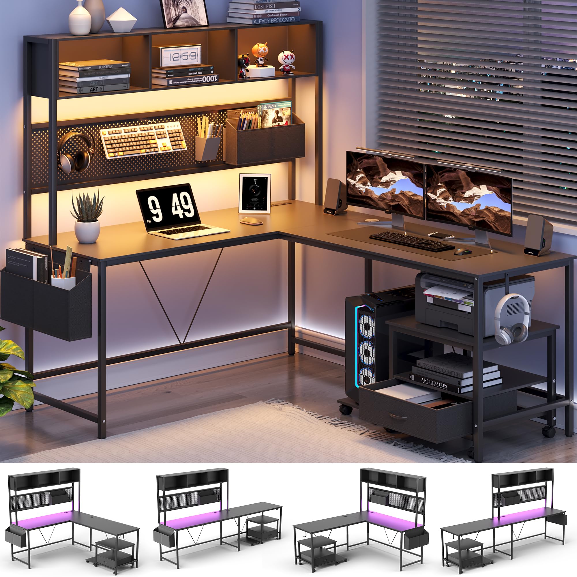 L Shaped Gaming Desk with Pegboard and Filing Cabinet, Reversible Computer Desk