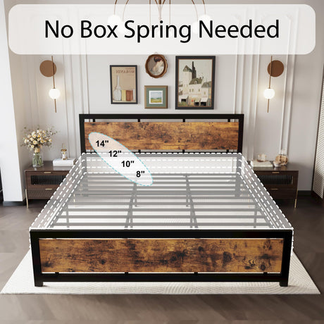 King Bed Frame with Headboard and Footboard, Metal Strong Supports, Easy Assembly,