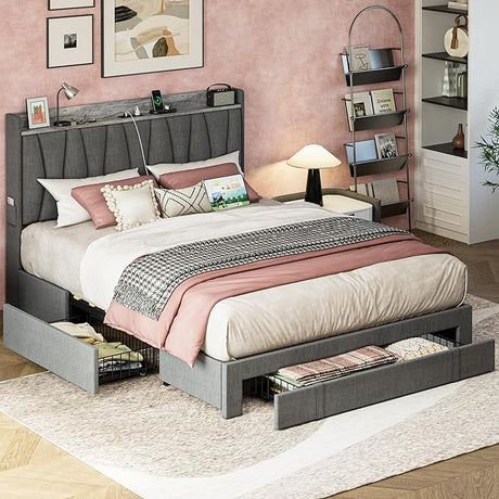 Queen Bed Frame with 3 Drawers, Upholstered Platform Bed with Storage Headboard