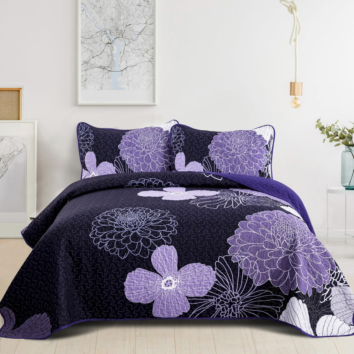 Purple Floral Quilt Set Queen Size Boho Bedspread 3 Pieces Soft