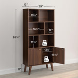 Mid-Century Modern Bookcase with Six Shelves, Two Doors, and Brushed Brass-Finished