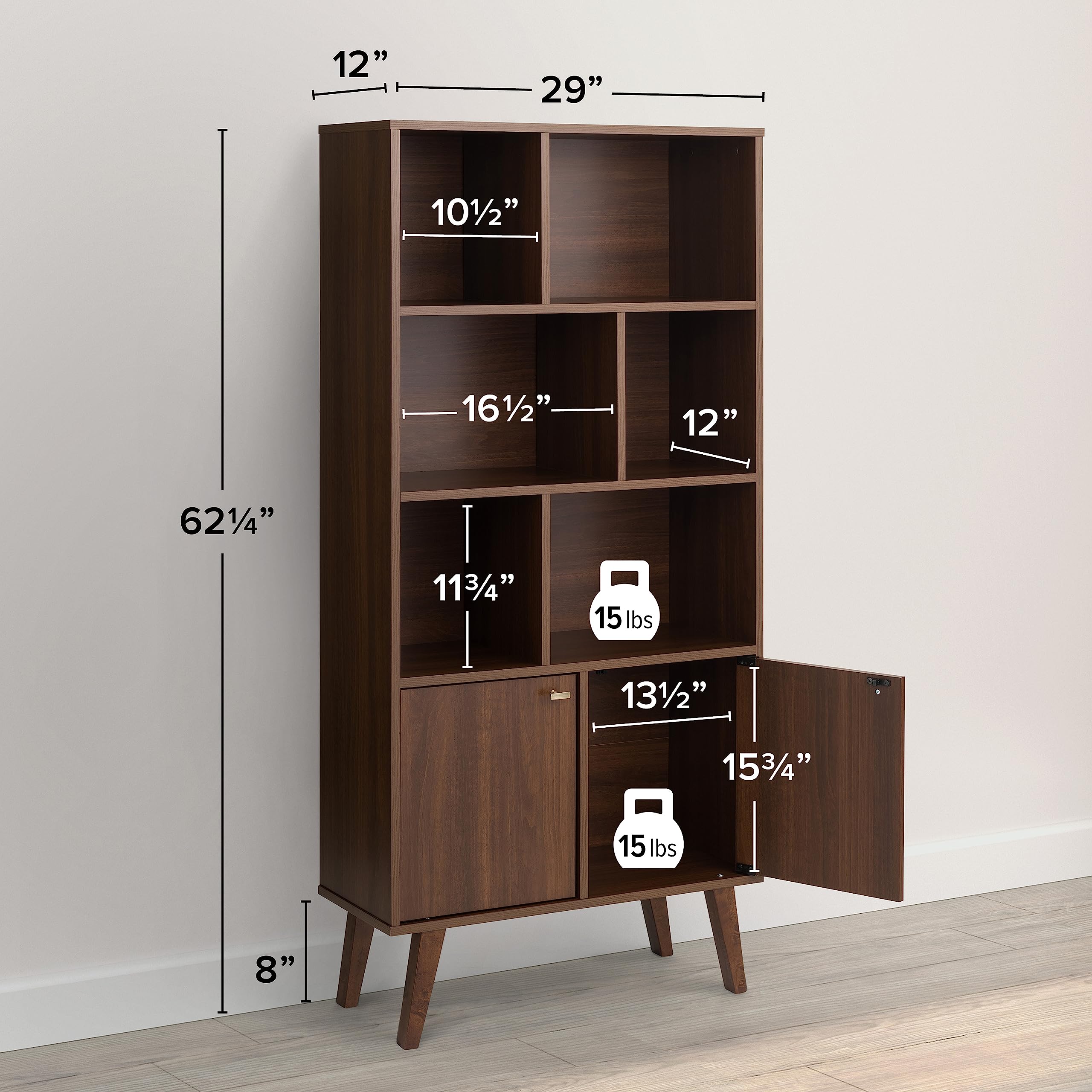 Mid-Century Modern Bookcase with Six Shelves, Two Doors, and Brushed Brass-Finished