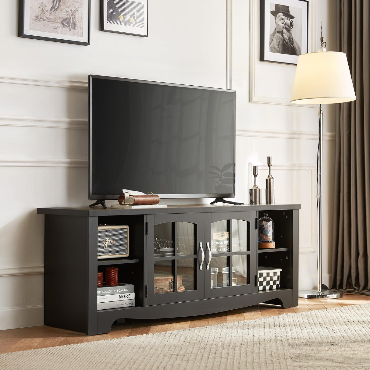 Farmhouse TV Stand for 65 Inch TV, Wood Entertainment Center with Glass Door Storage