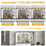 Makeup Vanity Set, Vanity Desk with Lighted Mirror& Charging Station, Makeup Vanity Desk with 5 Drawers& 3-Tier Cabinet, Dressing Table with Upholstered Stool, Wooden Vanity Table for Bedroom, White