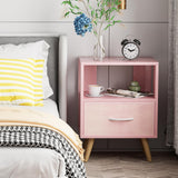 Pink Kids Nightstand with Drawer, Nursery Side Table with Open Storage, 2-Tier Modern