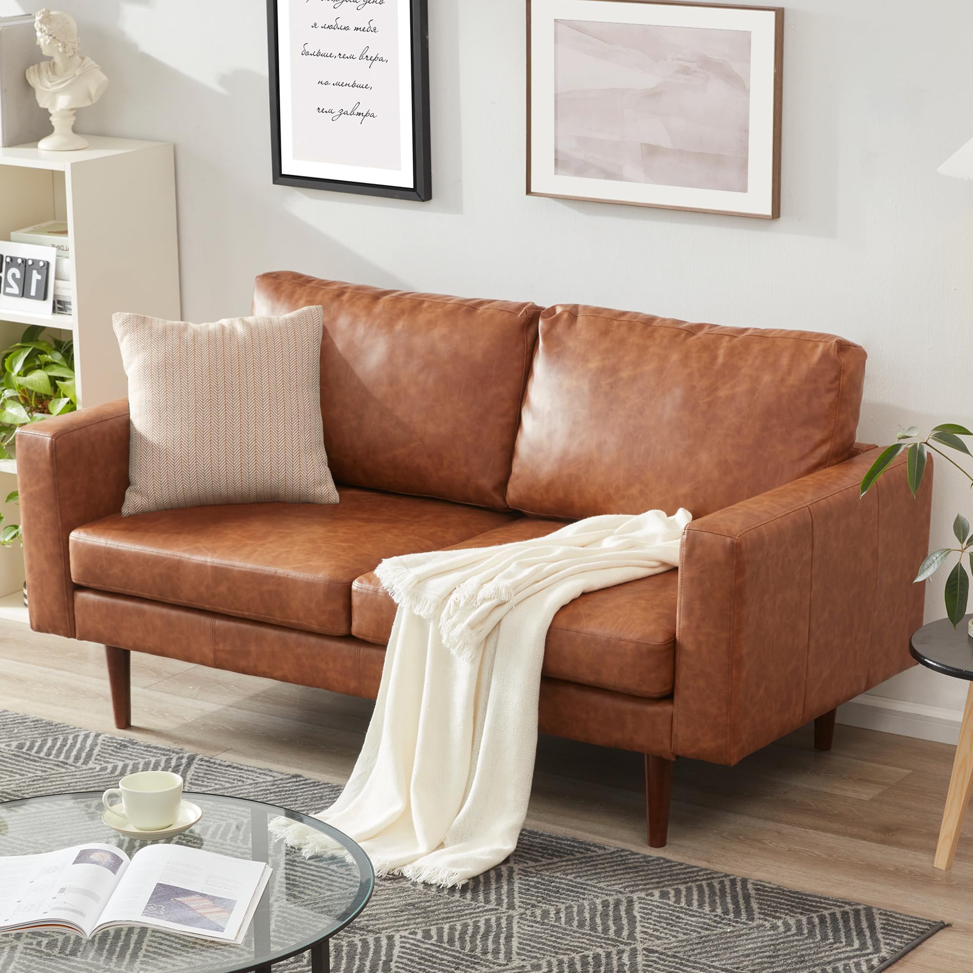 65" Loveseat Sofa, Faux Leather Love Seat Couch, Mid Century Modern Couch