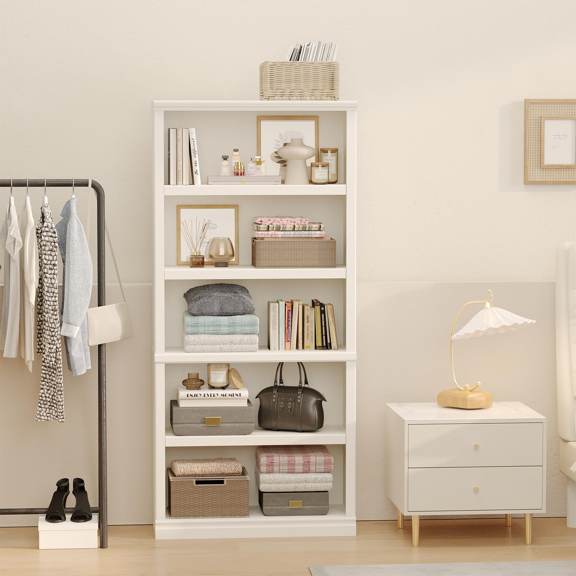 5-Shelf Tall Bookcase White Wooden Bookshelves 33in Wide 5 Tier Bookcases with Adjustable Shelves Floor Standing Display Storage Shelves 70 in Tall Bookcase for Home Office, Living Room, Bed Room