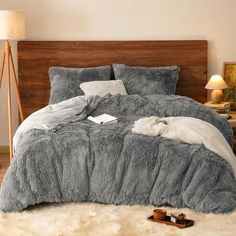 Shaggy Fluffy Faux Fur Duvet Cover Set King Size,Luxury Warm Plush Comforter