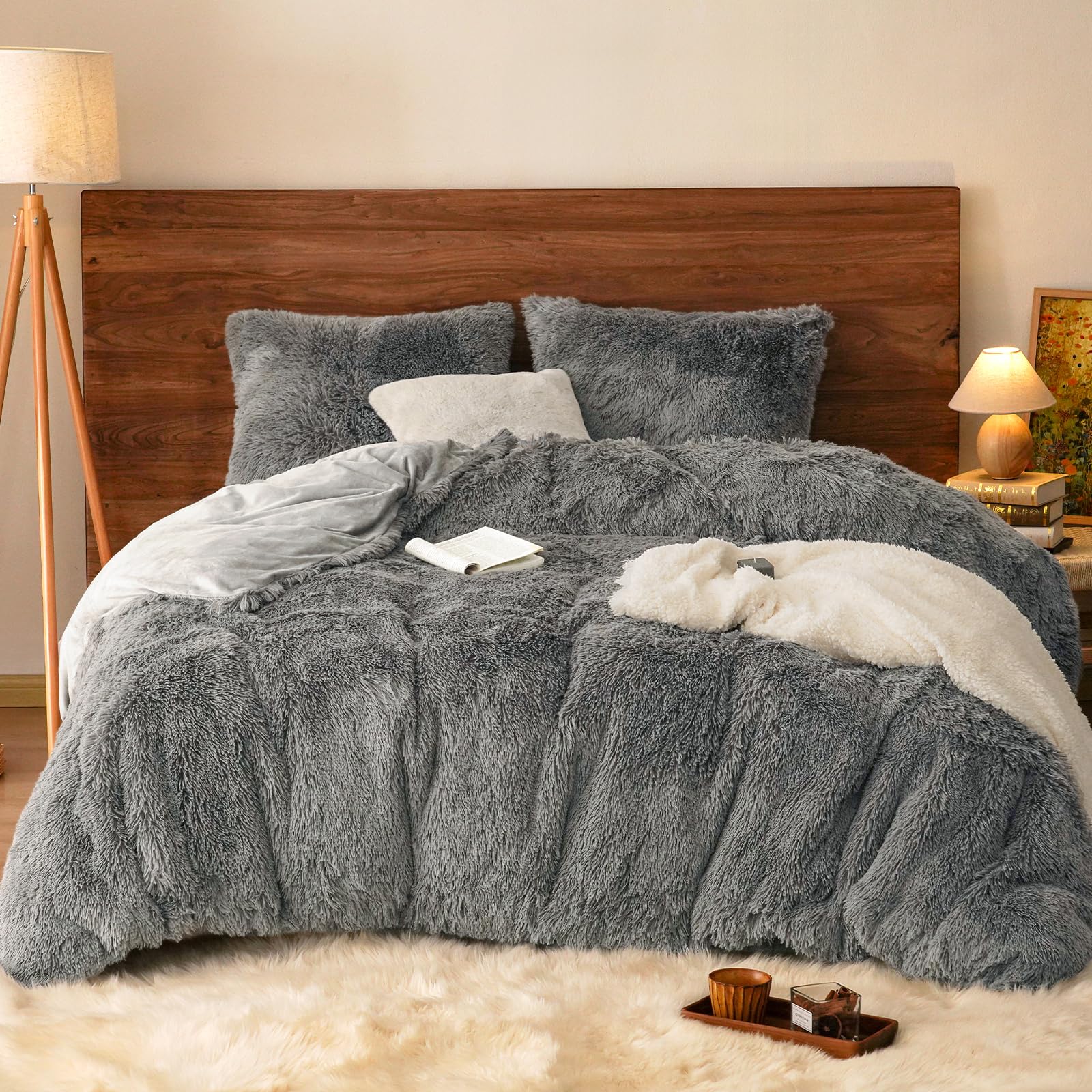 Shaggy Fluffy Faux Fur Duvet Cover Set King Size,Luxury Warm Plush Comforter