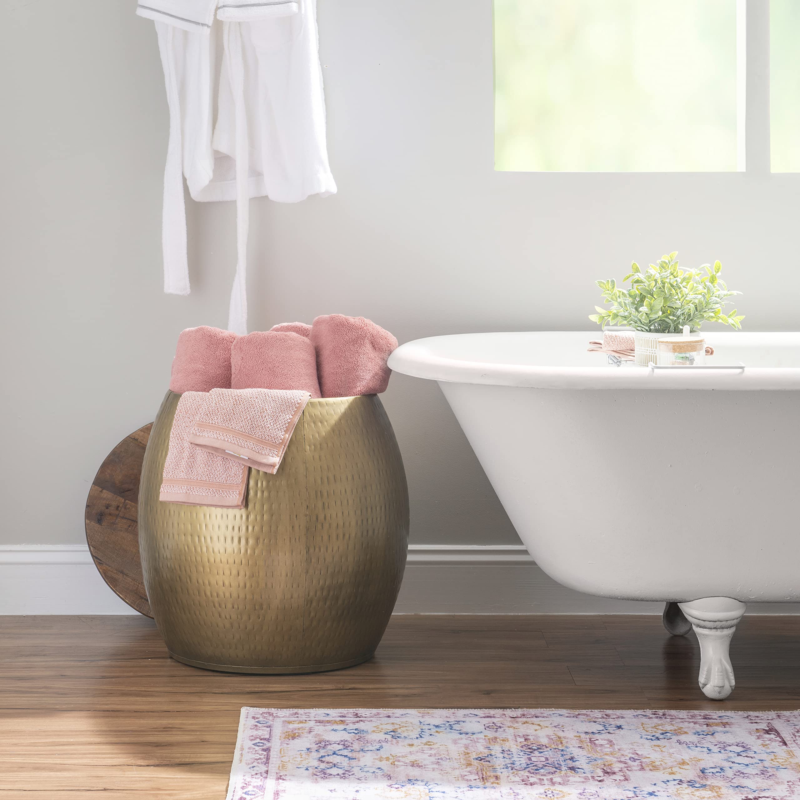 Brass Drum Side Table with Storage Beneath The Wood Top Janice
