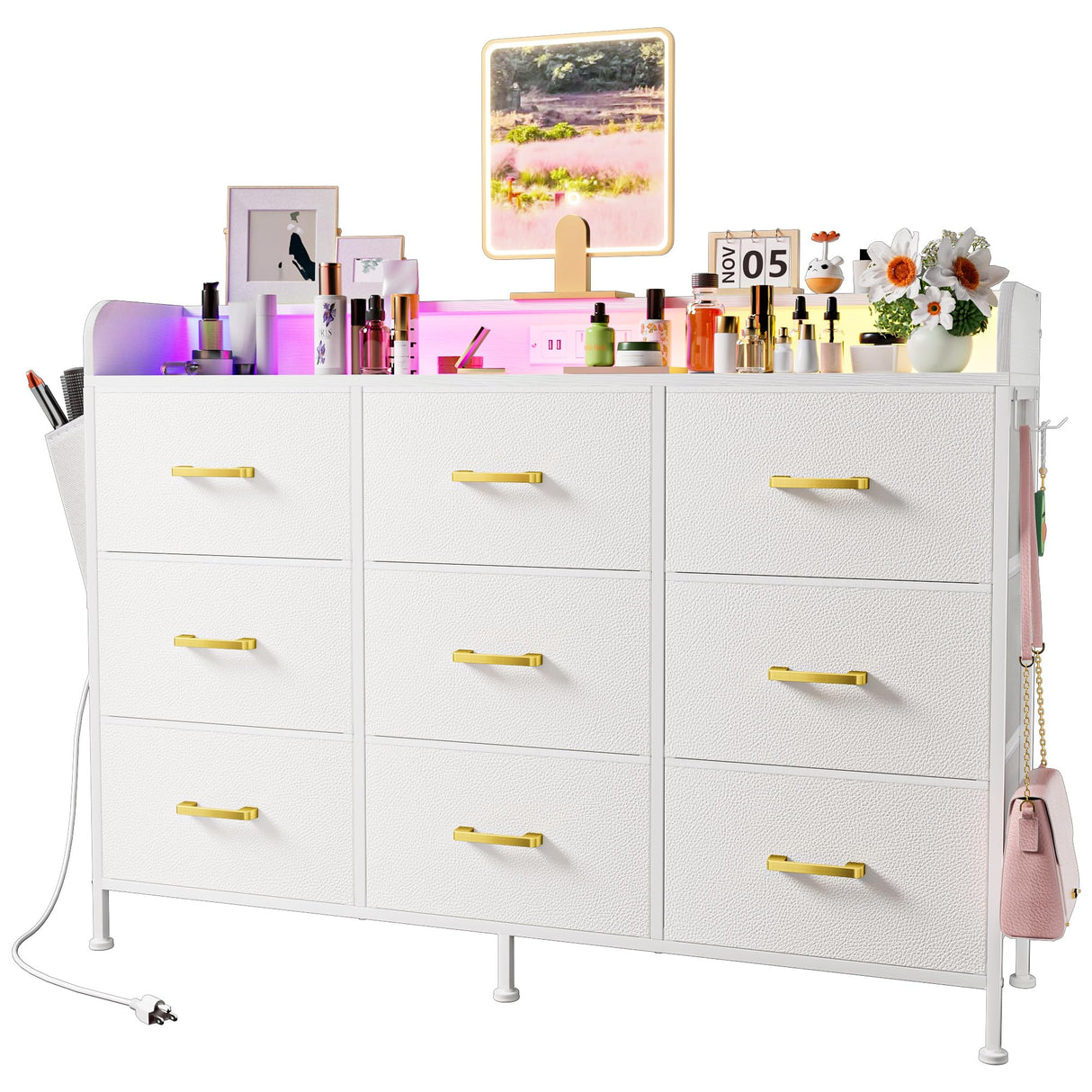 White Dresser for Bedroom, Bedroom Dresser with LED Lights and Charging Station, 9