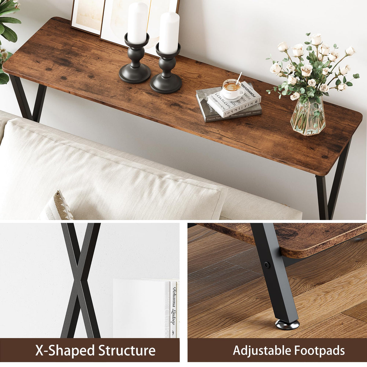 Console Table, Sofa Tables Narrow Entryway Table with Storage Shelf and Metal Frame,