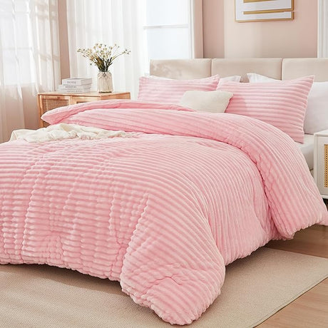 Fluffy Queen Comforter Set, Super Soft White Comforter Queen, Winter Warm Fleece Faux