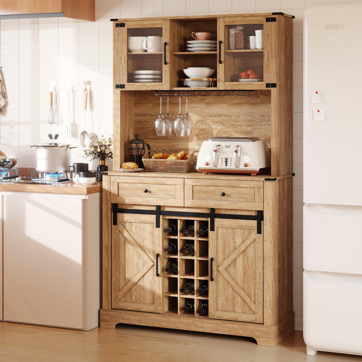 Coffeee Bar Cabinet with Wine&Glass Racks, 72" Hutch Storage Cabinet