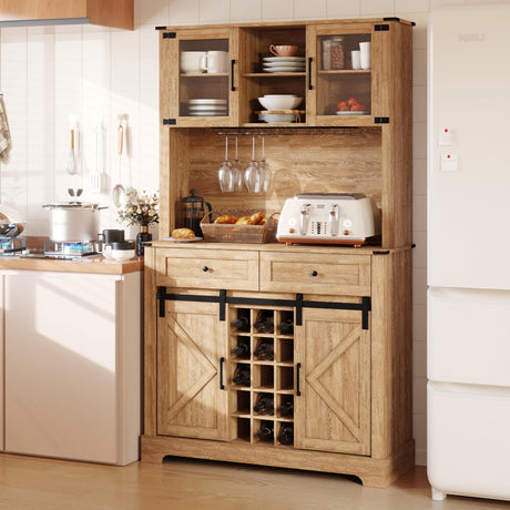 Coffeee Bar Cabinet with Wine&Glass Racks, 72" Hutch Storage Cabinet