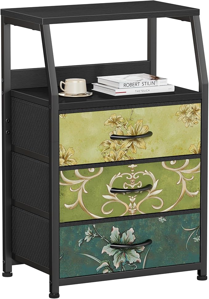 Nightstand with 3 Drawers and 2-Tier Shelf, Small Night Stand