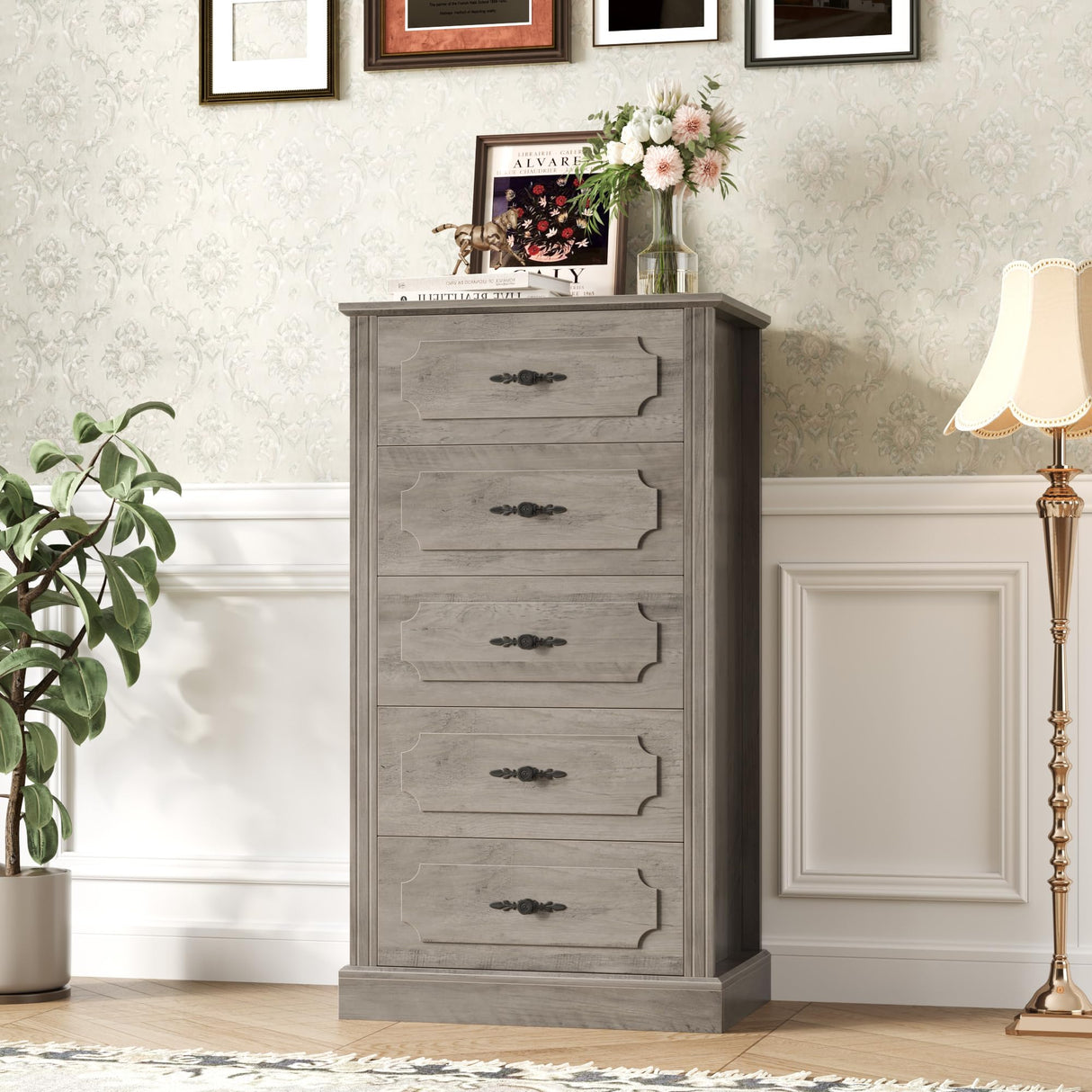 5 Drawer Grey Dresser, 43" Wood Dresser Samll Dresser Chest of Drawers with Large Storage Space,