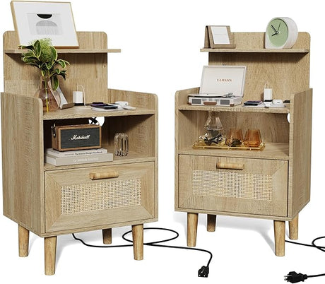 Nightstand with Charging Station, Small Bedside Table, Rattan Nightstand Set of 2