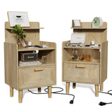 Nightstand with Charging Station, Small Bedside Table, Rattan Nightstand Set of 2