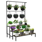 Large Plant Shelf Indoor Outdoor, 3 Tier Heavy Duty Hanging Plant Stand with Bar 39"L x 60" Tall, Metal & Wood Flower Ladder Rack, Plant Display Cabinet Shelves Clearance for Garden Patio Greenhouse