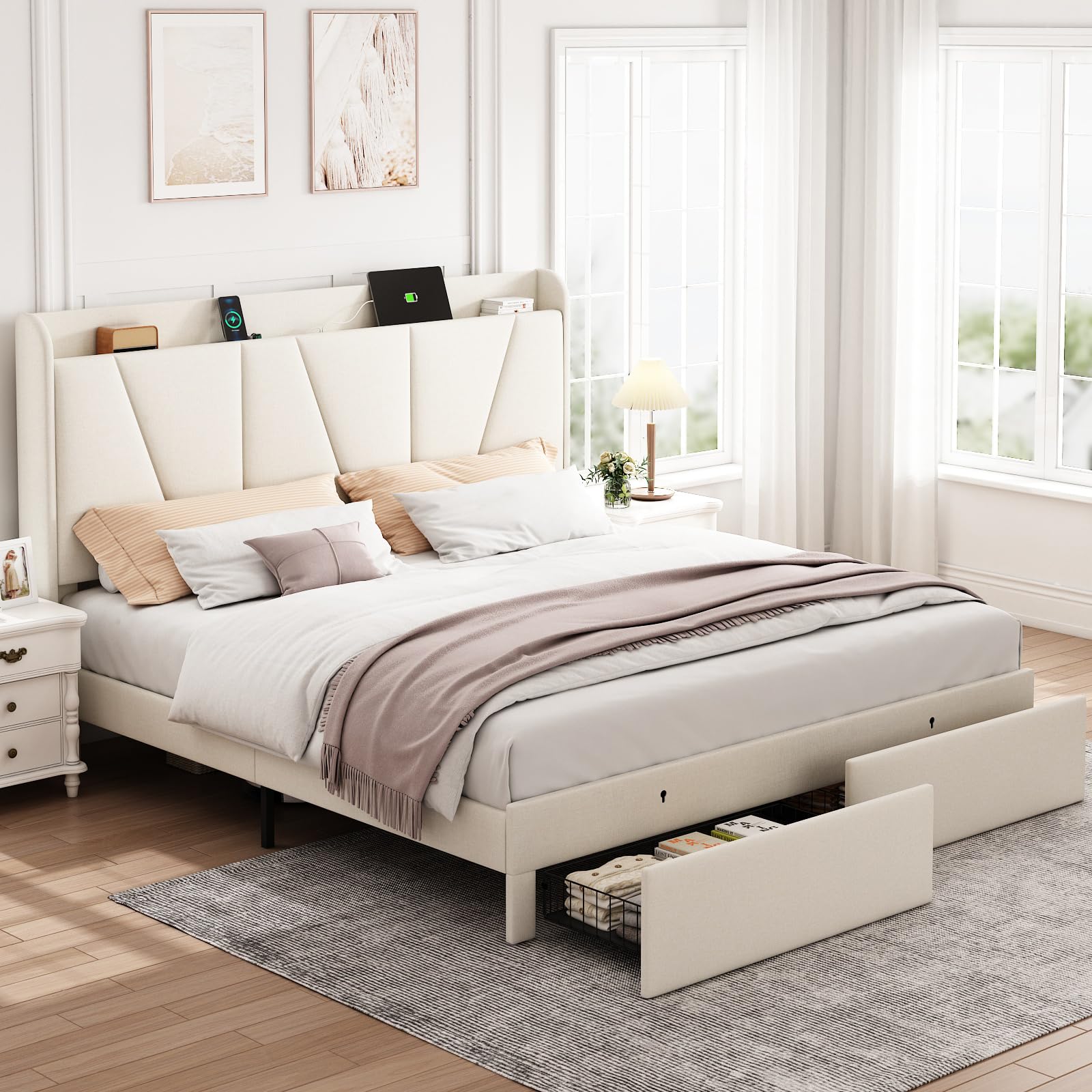 Queen Bed Frame with Headboard and Storage, Upholstered Bed Frames